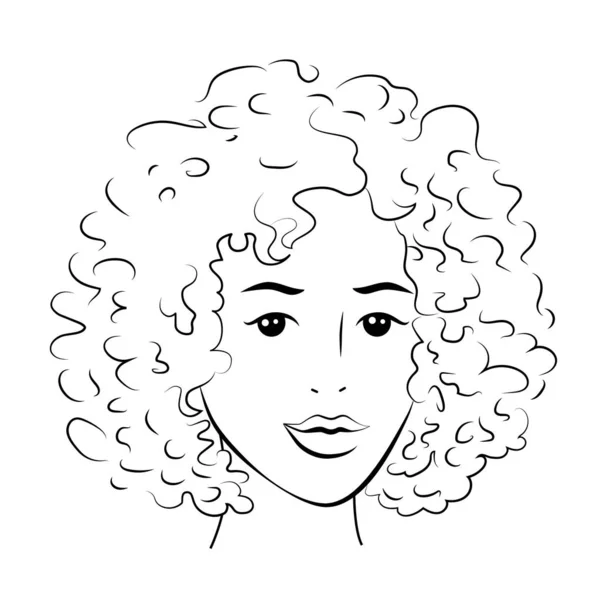 Woman Face Curly Hair Black Outline White Background — Stock Vector