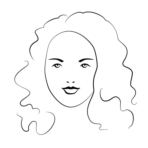 Woman Face Curly Hair Black Outline White Background — Stock Vector