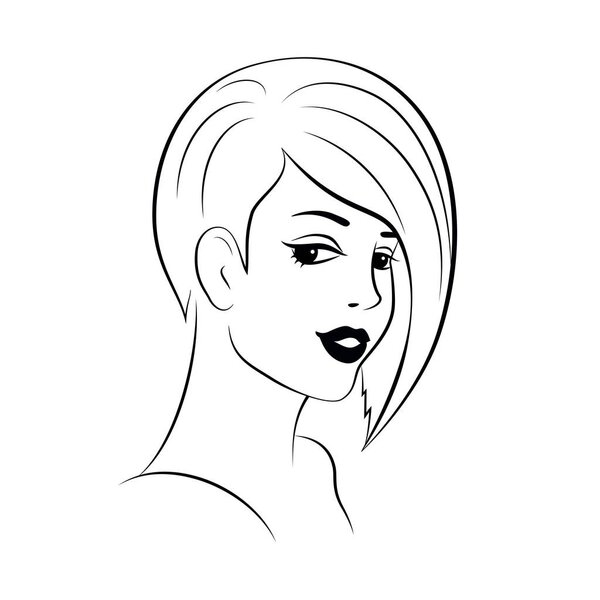 Woman  young beautiful face, black outline on white background