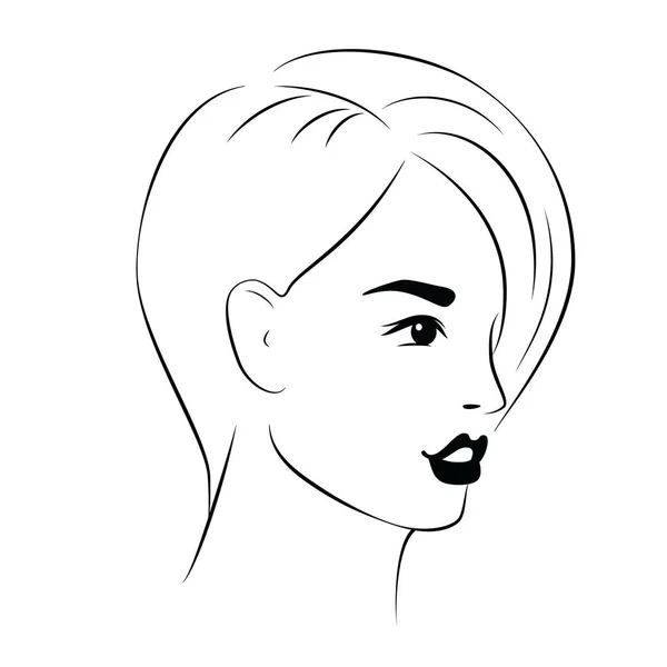 Woman Young Beautiful Face Black Outline White Background — Stock Vector