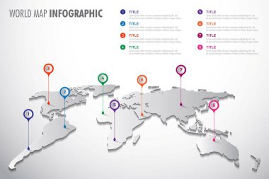 Dünya harita Infographic sembolü. Renk işaretçisi simgesiyle. Küresel illüstrasyon işareti