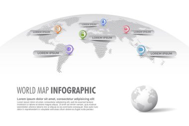 Işık noktalı resim Dünya Haritası Infographic şablonu Küre, veri görselleştirme olarak renk simgeleri ile