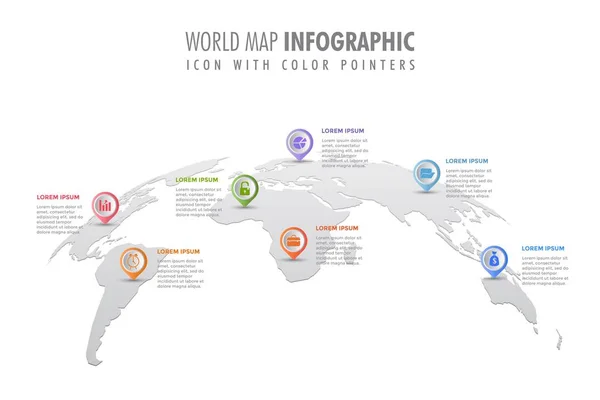 Modello Infografica Mappa Del Mondo Icona Simbolo Con Puntatori Colori — Vettoriale Stock