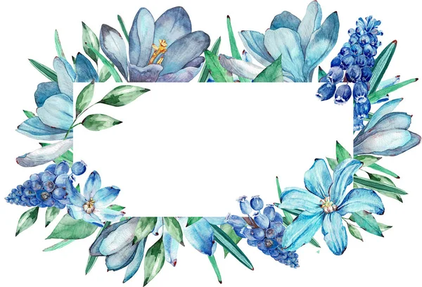 Watercolor frame of blue spring flowers.