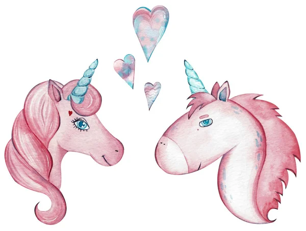 Watercolor pair of cute unicorns isolated on white background.