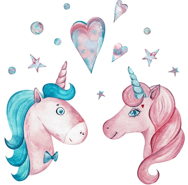 Watercolor pair of cute unicorns isolated on white background.