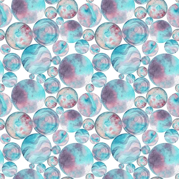 Watercolor abstract graphic design background. Seamless pattern of blue and purple circles. Hand-drawn illustration.