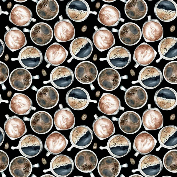 Hand drawn watercolor coffee cup seamless background.