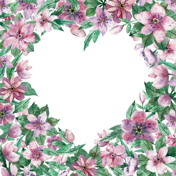 Watercolor pink floral heart frame with flowers and central white copy space for text. Decorative christmas rose.