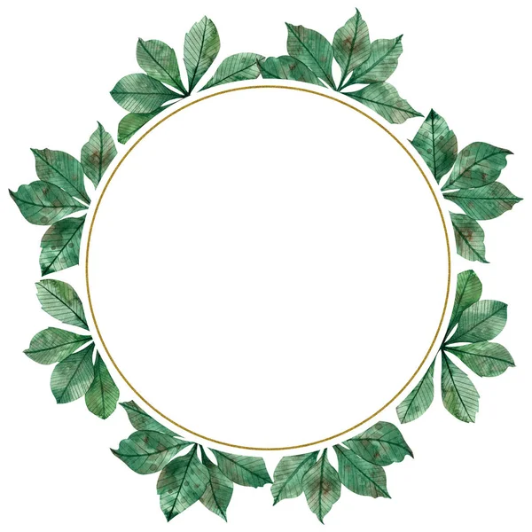 Autumn season watercolor circular frame: colorful green leaves, maple tree branches isolated on white background.