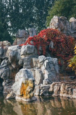 yeşil ağaçlar, kırmızı yaprakları ve yansımaları dolu bir parkta bir taş sculputre