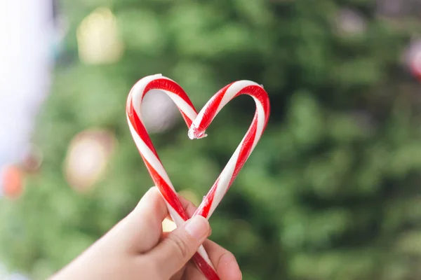 Bir yandan, bulanık Noel ağaçları arka plan üzerinde kalp şeklinde şekerler