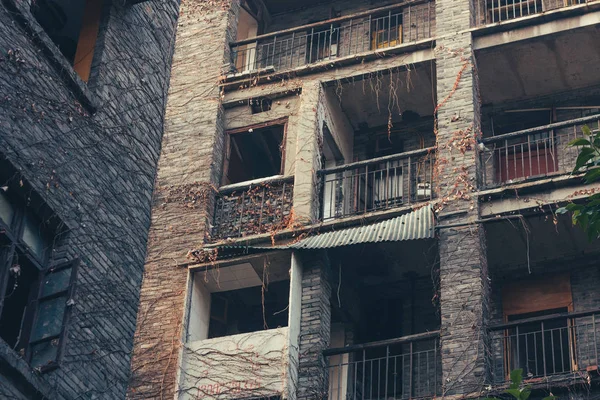 Eski bir terk edilmiş yarım tuğla duvar ev dış ile kahverengi ve üzüm büyümüş gapes görünümünü