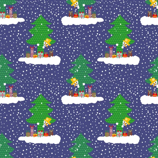 Bonito boneco de neve desenhado à mão em uma nuvem com presentes espreitando atrás de uma árvore de Natal. Padrão vetorial sem costura no fundo azul e floco de neve. Ótimo para produtos de Natal, papelaria, giftwrap — Vetor de Stock