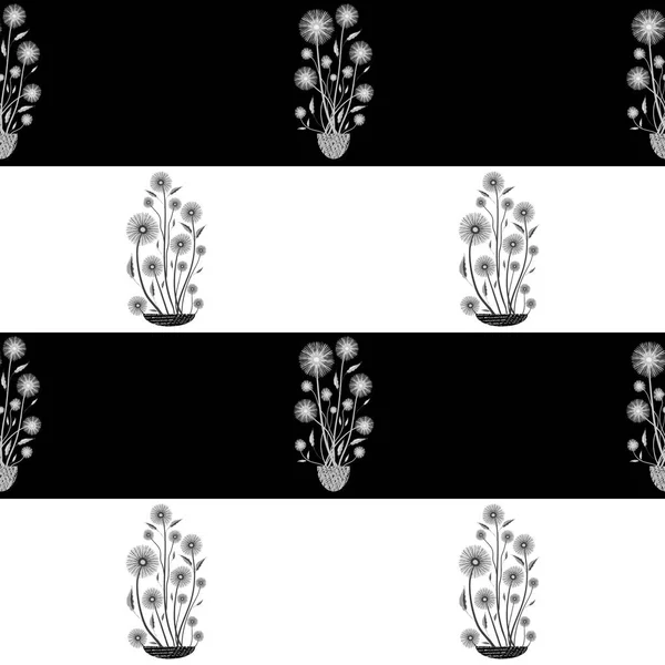 Elegante mão desenhado branco e preto cacho de flores em padrão de vetor sem costura no fundo listrado horizontal. Ótimo para spa, hotel, beleza, comercialização de produtos de jardim, artigos de papelaria, embalagem de presente — Vetor de Stock