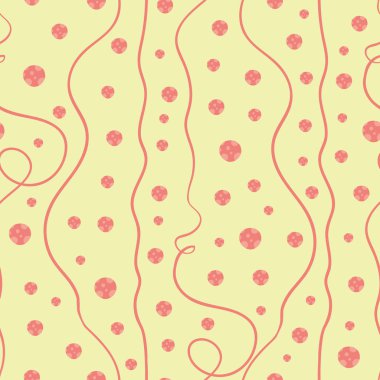 Parlak sarı arka planda funky el-çizilmiş mercan çevrelerinde ve Doodle hatları Dikişsiz vektör deseni. Wellness, açık, Güzellik, Çocuk ürünleri, giftwrap, Kırtasiye, paketleme için harika