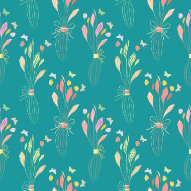 Hassas pastel renkli el kelebekler ile çiçek demetleri çizilmiş. Turkuaz arka planda Dikişsiz yarım damla vektör deseni. Düğün, refah, davetiye, ambalaj, Kırtasiye için harika.