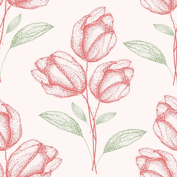 Délicat vintage dessiné à la main bouquets de fleurs de printemps vert et rouge Motif demi-goutte sans couture sur fond blanc crème. Idéal pour les produits de bien-être, mariage, tissu, emballage, papeterie, décor à la maison — Image vectorielle