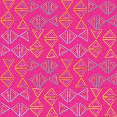 El çizilmiş funky Neon mavi, sarı, nokta dokusu ile pembe üçgenler. Neon Magenta arka planda vektör kabile Dikişsiz desen. Wellness, ürünler, kumaş, ambalaj, Kırtasiye, ev dekoru için harika