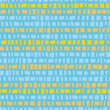 Mavi ve sarı mozaik Terrazzo stil yatay çizgili tasarım. Taze Vibe ile mavi arka planda Dikişsiz vektör deseni. Wellness ürünleri, kumaş, ambalaj, Kırtasiye, ev dekorasyonu için harika