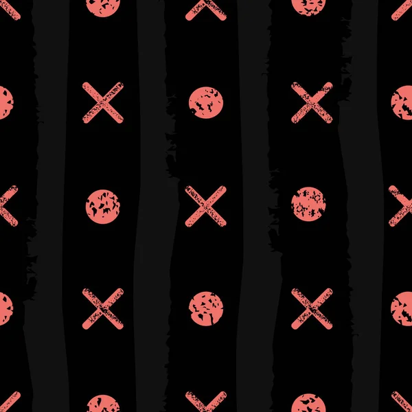 Coral Noughts und Kreuze mit vielfältiger Grunge-Textur. nahtloses geometrisches Vektormuster auf schwarzem Hintergrund mit subtilen Grunge-Streifen. ideal für Schreibwaren, Verpackungen, Mode, Geschenkpapier, Valentinstag — Stockvektor