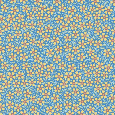 El çizilmiş sarı çiçekler ve ditsy çiçek tasarımı bırakır. Mavi arka planda vektör dikişsiz desen. Sağlıklı yaşam, güzellik ürünleri, moda baskıları, kırtasiye, ambalaj, giftwrap için harika.