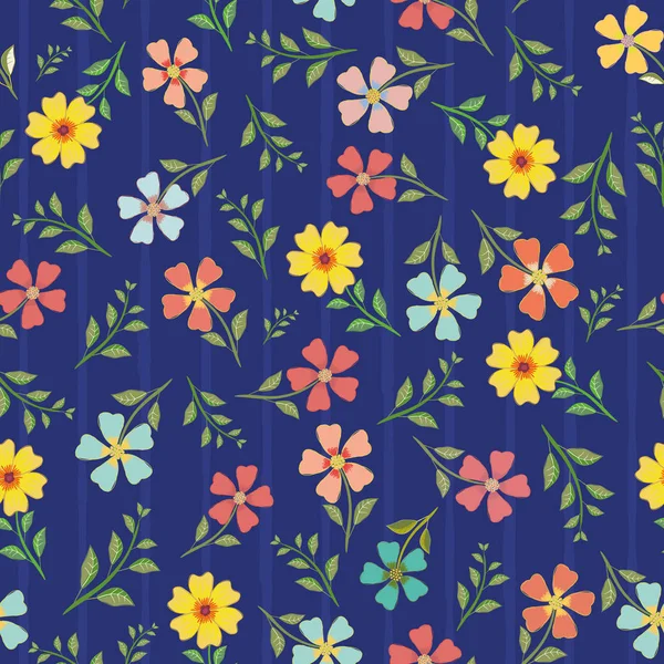 Variété de fleurs et feuilles multicolores dessinées à la main. Motif vectoriel sans couture sur fond bleu avec des rayures subtiles. Idéal pour le bien-être, beauté, produits de jardin, papeterie, emballage, emballage cadeau — Image vectorielle