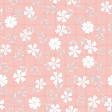 Güzel el çizilmiş çiçekler ve beyaz tonlarında yaprakları. Pembe suluboya ızgara arka planda vektör dikişsiz desen. Sağlıklı yaşam, güzellik, bahçe ürünleri, kırtasiye, ambalaj, giftwrap için harika