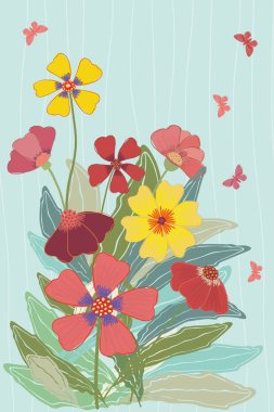 Parlak çok renkli çayır çiçekleri ve kelebekler metin yerleştirmek için oda ile kurnazca çizgili yumuşak mavi arka plan illüstrasyon. Sağlıklı yaşam, güzellik, bahçe ürünleri, tebrik kartları davetiyeleri için mükemmel