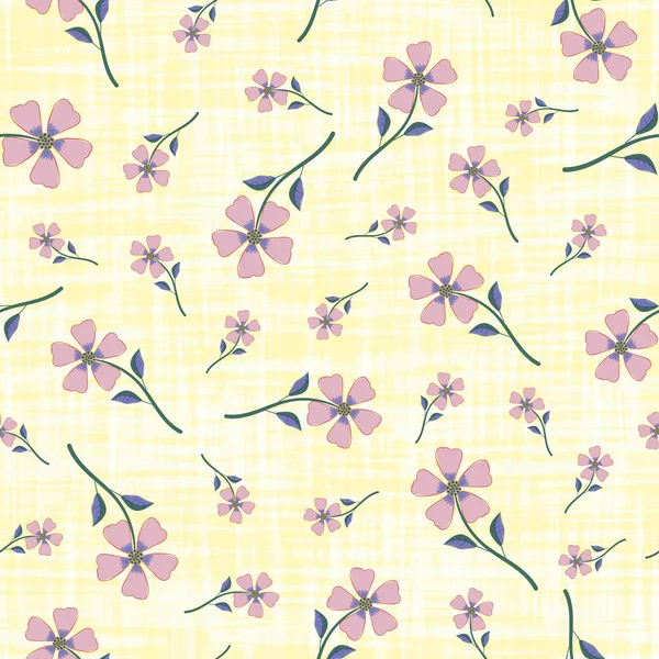 Pastel rokerige roze hand getekende bloemen op aquarel effect geëtst gele achtergrond. Naadloze vector patroon met vintage vibe. Perfect voor verpakking, Wellness producten, stof, briefpapier, wrap — Stockvector