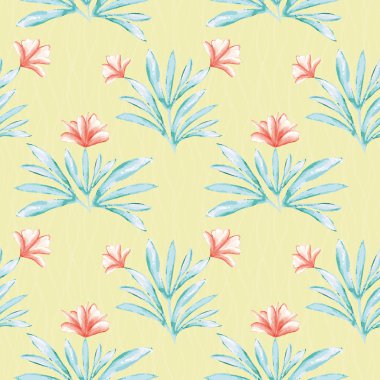 Hibiscus boyalı su rengi mercan ve yeşil çiçek tasarımı ilham. Astarlı dokulu sarı arka plan üzerinde dikişsiz vektör deseni. Sağlıklı yaşam, güzellik ürünleri, kumaş, kırtasiye, hediye paketi için mükemmel.