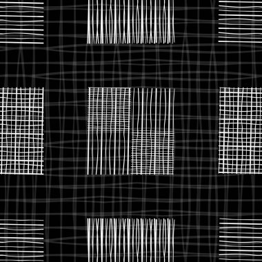 Farklı şekillerde bireysel doodle kareler ile siyah ve beyaz tebeşir tahtası tasarımı. Dokulu arka plan üzerinde geometrik dikişsiz vektör deseni. Sağlıklı yaşam, kırtasiye, kumaş, ambalaj için harika