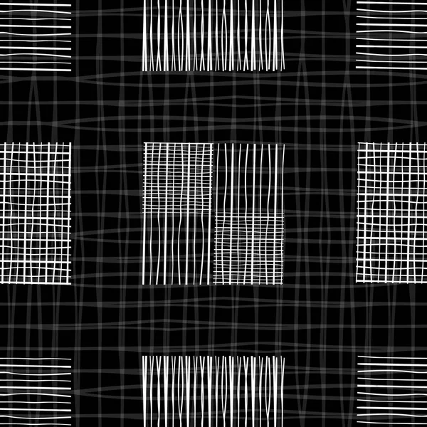 Czarno-biały projekt tablicy z indywidualnymi kwadratami Doodle o różnych kształtach. Geometryczny bezszwowy wzór wektorowy na tle teksturowanym. Świetnie nadaje się do odnowy biologicznej, papeterii, tkanin, opakowań — Wektor stockowy
