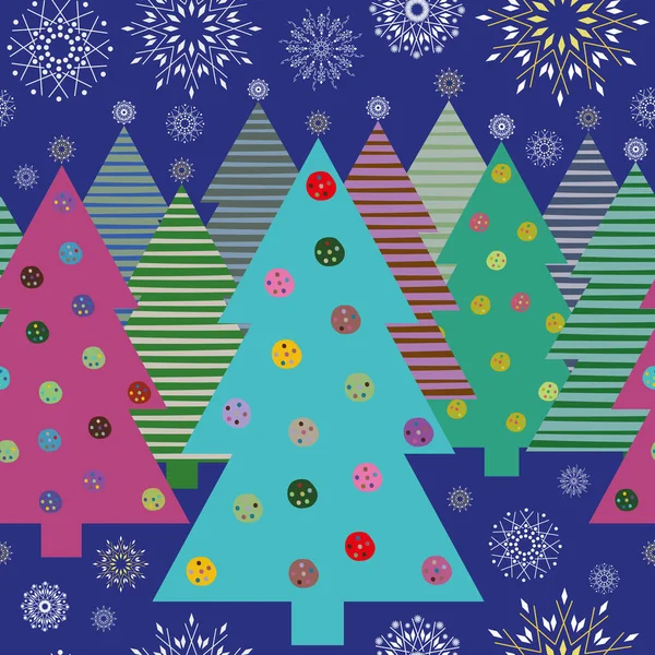 Vibrant multicolor Christmas trees and snowflakes at night seamless vector pattern. Great for giftwrap, scrapbooking, quilting and commercial projects — Stock Vector