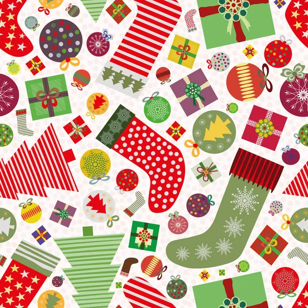 Patrón vectorial sin costuras Funky con adornos de Navidad multicolores, medias de Navidad y regalos sobre fondo blanco sutilmente texturizado. Ideal para regalo, scrapbooking, papelería, acolchado — Vector de stock