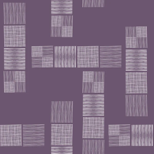 Tower blocks of hand drawn doodle squares in spacious abstract design. Seamless vector pattern on soft purple background. Perfect for packaging, stationery, fabric, giftwrap, home decor, scrapbooking — Stock Vector