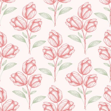 Narin Vintage el çizilmiş yeşil ve kırmızı bahar çiçek buketleri krem beyaz arka planda Dikişsiz yarım damla desen. Wellness ürünleri, düğün, kumaş, ambalaj, Kırtasiye, ev dekoru için harika
