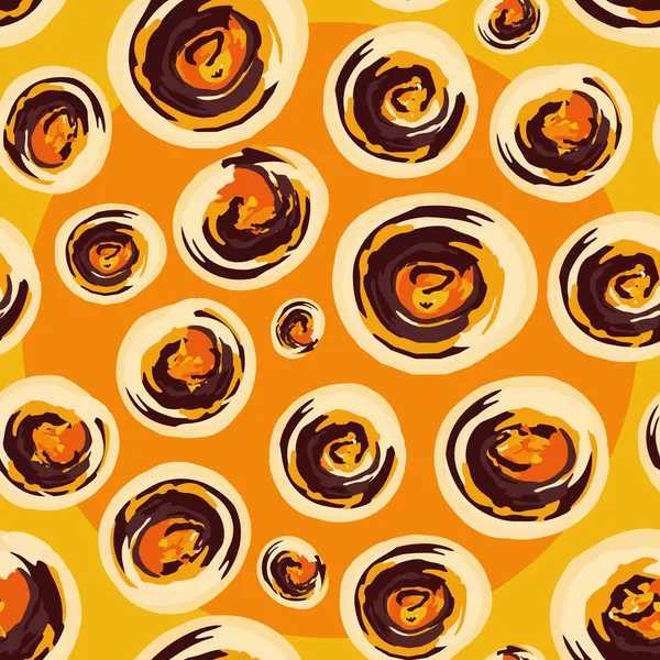 Torbellinos pintados a mano contemporáneos de color naranja y amarillo. Patrón sin costura vectorial sobre fondo naranja con un círculo grande. Ideal para productos de bienestar, papel pintado, papelería, decoración para el hogar, moda — Archivo Imágenes Vectoriales