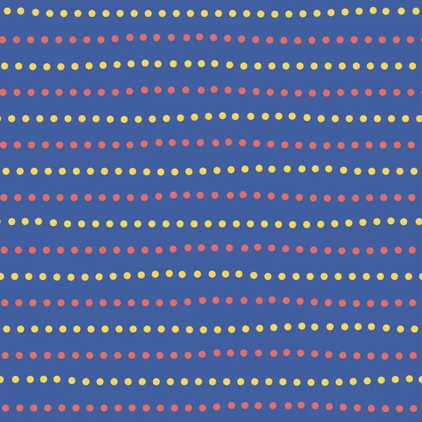 Modernas líneas horizontales aleatorias dibujadas a mano en amarillo y rojo. Patrón geométrico sin costuras sobre fondo azul. Ideal para el bienestar, belleza, niños, náutico, productos de viaje, embalaje, moda — Vector de stock