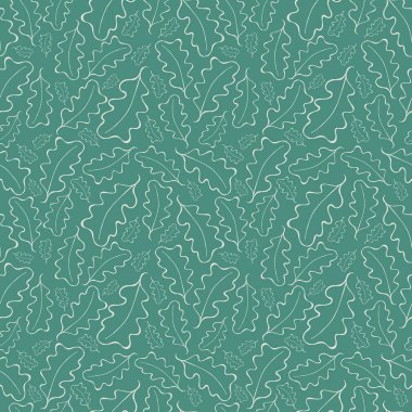 Güzel el beyaz çizgi sanat meşe yaprakları teal yeşil arka plan çizilmiş. Dikişsiz vektör deseni. Sağlıklı yaşam, yaz, kozmetik ürünleri, kumaş, doku, giftwrap, kırtasiye için mükemmel.