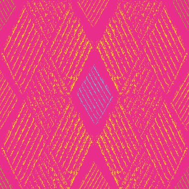 Çarpıcı blok baskı tarzı altın, mavi ve yeşil rhomboid geometrik tasarım. Sıcak pembe arka planda dikişsiz vektör deseni. Yaz, sağlıklı yaşam, kozmetik ürünler, kumaş, kırtasiye için mükemmel