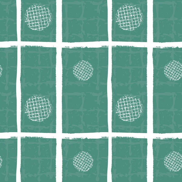 Bloque abstracto de impresión texturizada círculos blancos y diseño de rejilla de rayas grunge. Patrón vectorial sin costuras sobre fondo texturizado en verde azulado. Perfecto para el bienestar, productos de yoga, tela, papelería, embalaje — Vector de stock