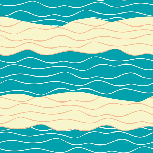 Ζωντανή αφηρημένη αμμουδιά και λευκά κύματα στον ωκεανό. Ομαλή οριζόντια γεωμετρική διανυσματικό μοτίβο σε μπλε φόντο. Υπέροχο για ευεξία, σπα, λουτρό, προϊόντα ομορφιάς, συσκευασία, επιστολόχαρτα — Διανυσματικό Αρχείο
