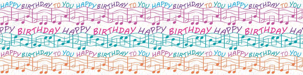 Colorful musical birthday congratulations border with text and musical notes. Seamless vector pattern in purple, blue, orange, on white terrazzo background. Perfect for gifts, stationery, party, kids