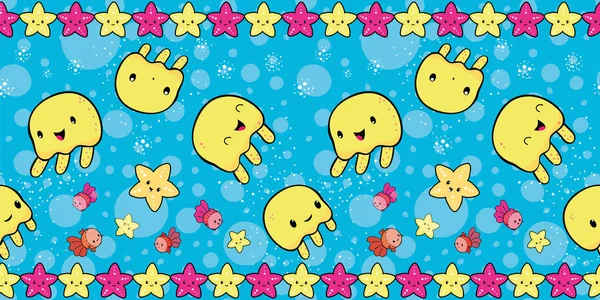 Adorable somersaulting cartoon yellow jellyfish border design. Seamless vector pattern on blue bubble textured background with starfish edging. Great for bathroom, kids products, packaging, stationery — Stock Vector