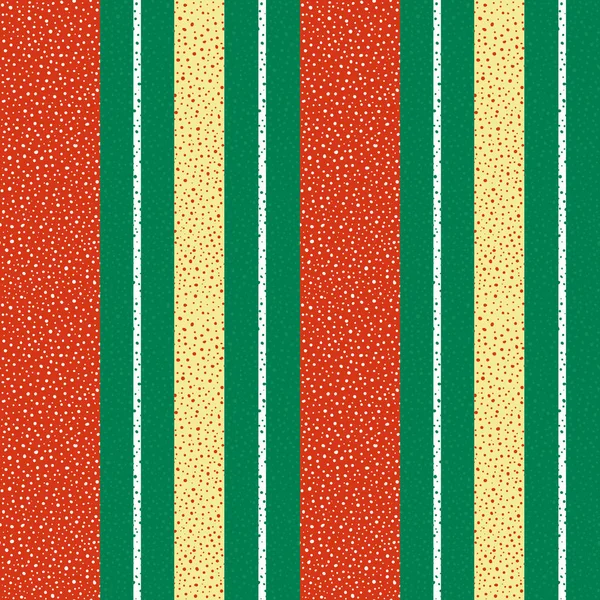 Zářivý červený, zlatý a bílý tečkovaný svislý pruhovaný design. Bezproblémový geometrický vzorek na zeleném pozadí s texturou. Skvělé na Vánoce, sezonní produkty, obaly, dopisní papír, zabalit — Stockový vektor