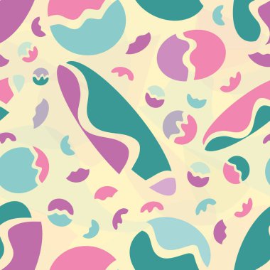 Pembe, yeşil ve mor yumurta şekilli elemanları ile soyut memphis tarzı tasarım. Dokulu sarı arka plan üzerinde dikişsiz vektör deseni. Refah, kozmetik ürünleri, ambalaj, kırtasiye için harika