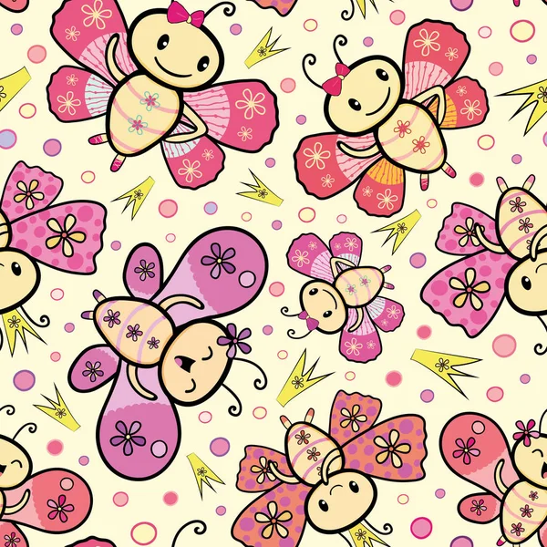 Rosa e laranja mão desenhada estilo Kawaii dança borboletas design com coroas aleatórias e círculos. Padrão vetorial sem emenda em fundo neutro. Ótimo para artigos de papelaria, produtos de festa, giftwrap, tecido — Vetor de Stock