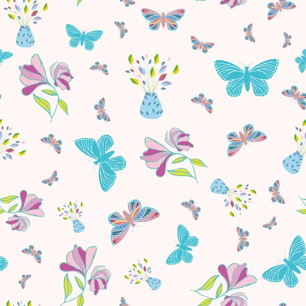 Animado diseño de mariposas y flores dibujadas a mano multicolor. Patrón vectorial multidireccional sin costuras sobre fondo rosa pastel. Ideal para el bienestar, la belleza, los productos para bebés, los artículos de papelería, el regalo — Vector de stock