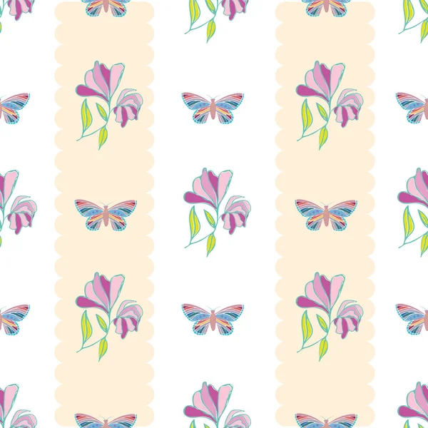 Vintage stil håndtegnede sommerfugle og blomster design. Problemfri lodret geometrisk vektormønster med pastelstriber på hvid baggrund. Fantastisk til wellness, skønhedsprodukter, papirvarer, gavepapir – Stock-vektor